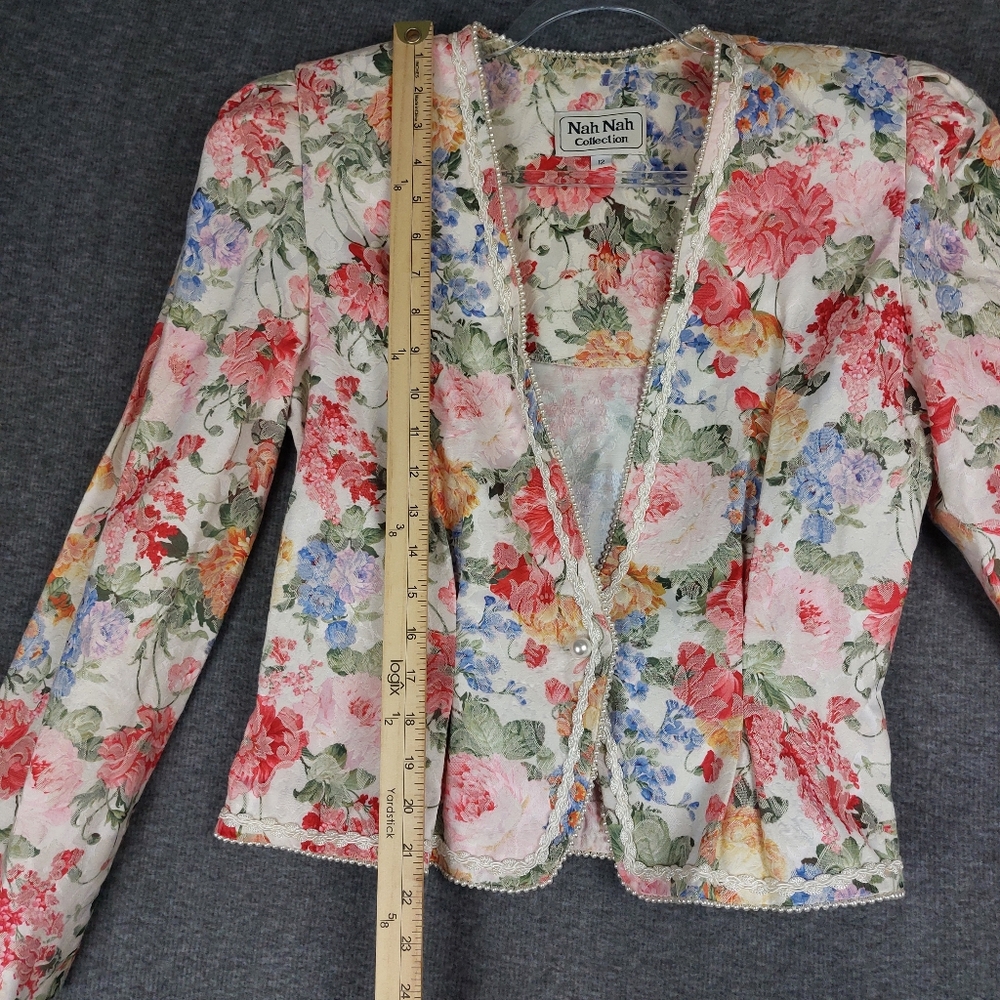 NAH NAH COLLECTION WOMENS VTG CREAM FLORAL TAPESTRY COTTAGECORE BLAZER SIZE 12 - Picture 4 of 7